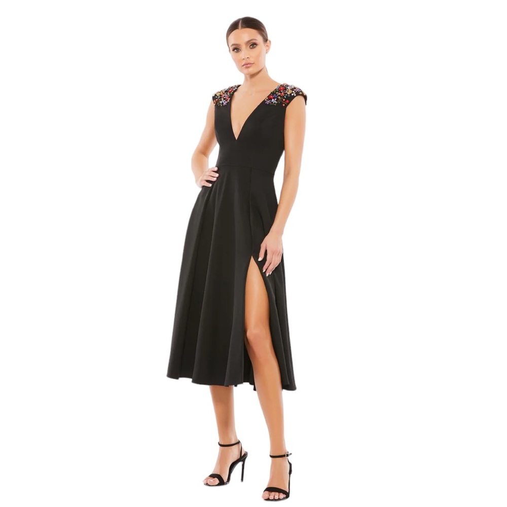 Ieena for Mac Duggal Beaded Cap Sleeve Cocktail Midi Dress a-line size 10
